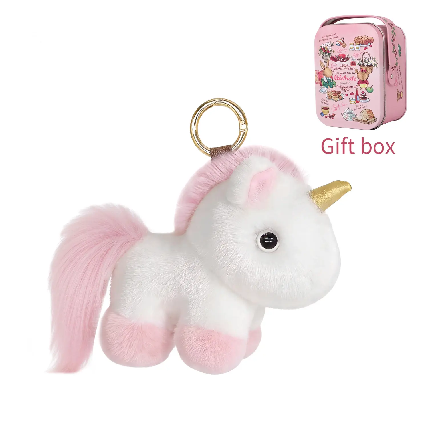 BunnyLulu Whimsy Unicorn Fuzzy Plush Keychain - Handmade Fluffy Stuffed Animal Bag Charm with Metal Tin Box, Key Chain Decorations, Whimsy Accessories, Girly Purse Stuffers, Gifts for Girls