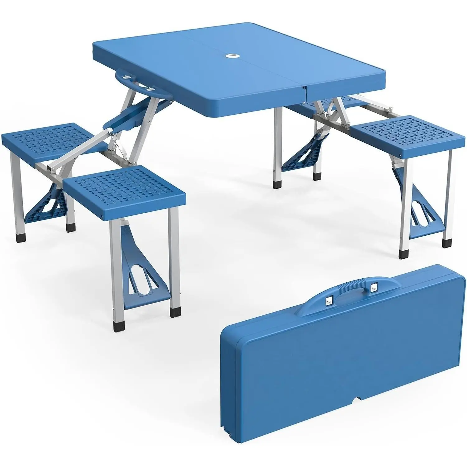 【Summervibes】Ubesgoo 4Ft Portable Folding Picnic Dining Table Set with 4 Seats, Umbrella Hole, Suitcase Card Table - 220 Lbs Support, Sturdy Outdoor Aluminum Frame, Fast-Wiping Plastic Top, Outdoor Patio Furniture for Camping Trips, Yard, Aluminum Frame F