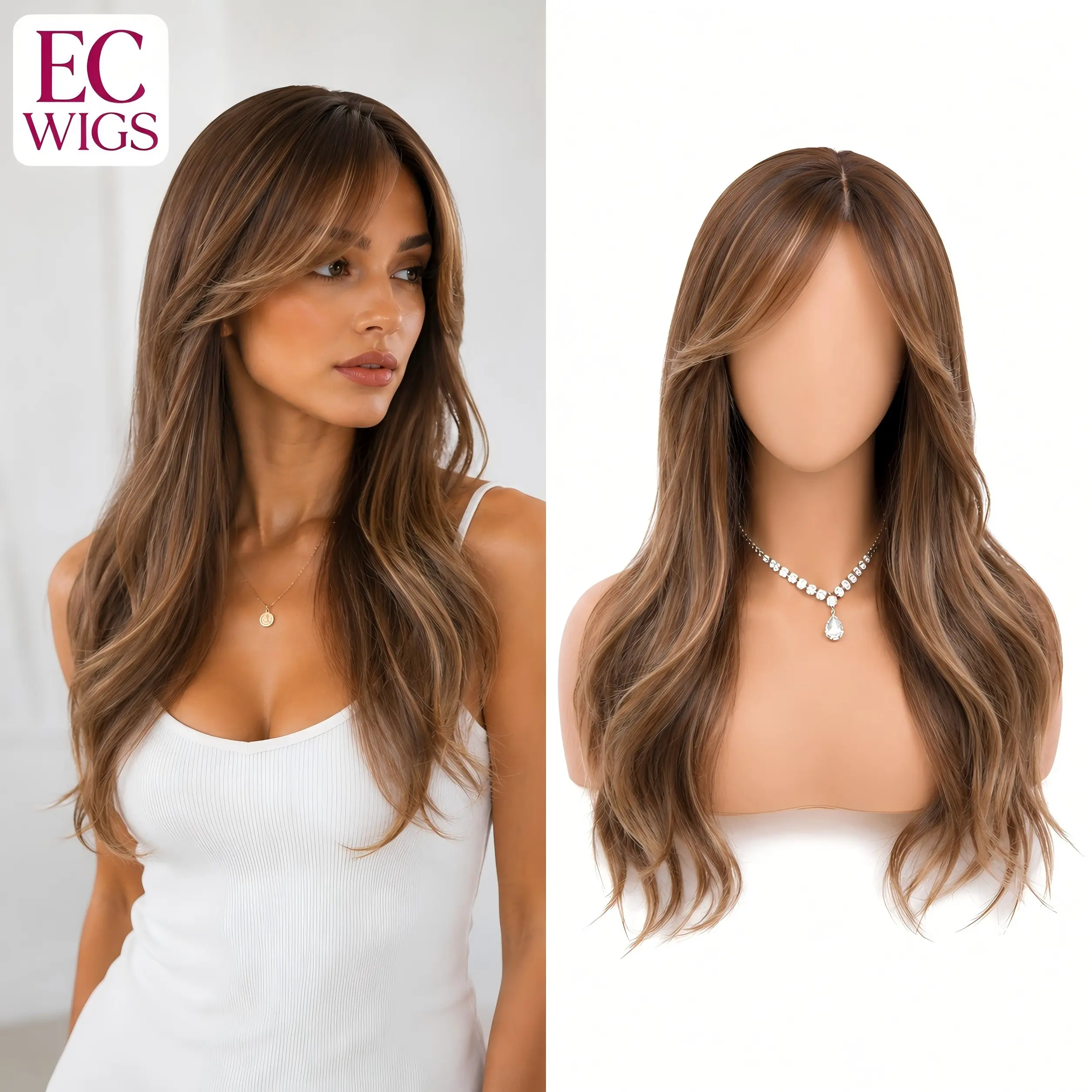 Bodywave Synthetic Wig for Women, 24-Inch Long Highlight Brown with Dark Roots and Bangs, Soft Natural Look, Tangle-Free and Minimal Shedding, Bodywave Wig, Synthetic Fiber Wig Synthetic Wavy Wig Body Wave Wig
