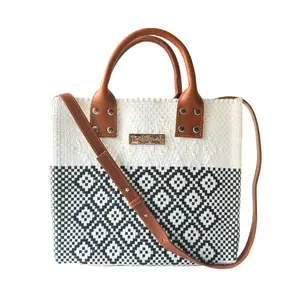Tin Marin White Large Woven Crossbody Bag for Women - Tan Leather - Perfect for Everyday Use - Eco-Friendly Bag Handmade by Artisans with Recycled Plastic