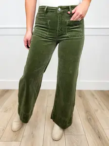 Risen Cassandra High-Rise Wide Leg Moss Cropped Corduroy Bottoms