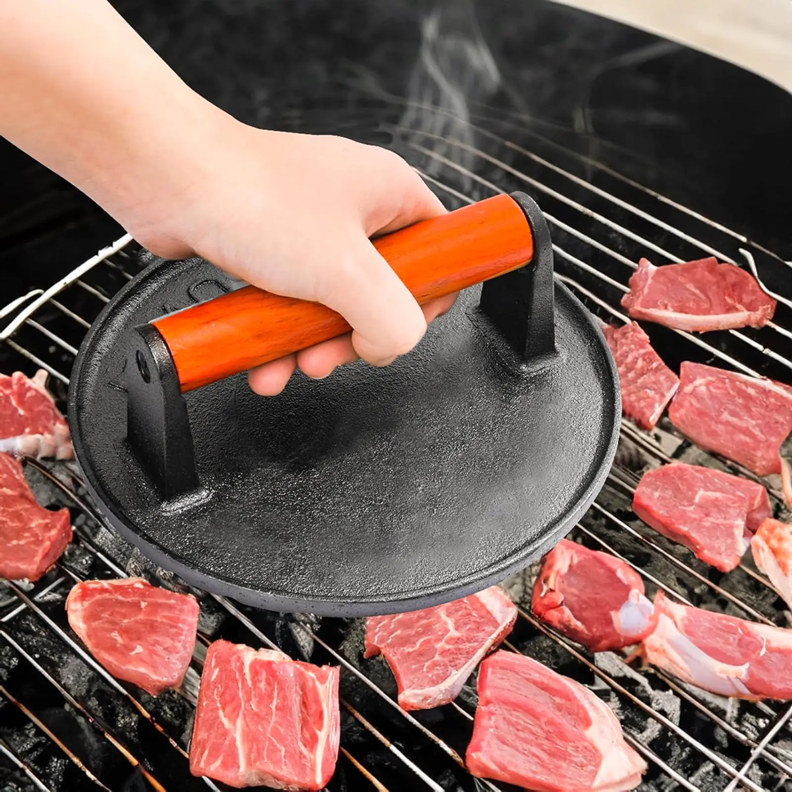 Heavy-Duty Cast Iron Kitchen Hamburger Maker Utensils - 7” Round & 8.2”×4.3” Rectangle Shapes, Heat-Resistant Wood Handle, Ideal for Griddle, Pan Grilling