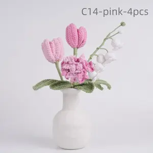 4PCS Crochet Tulip Bouquet, Knitted Hydrangea, Lily of the Valley, Valentine's Day Bouquet for Wife, Girlfriend