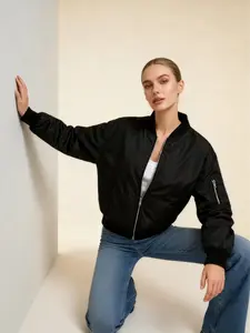 Women’s Solid Shoulder Jacket Drop, Classic Zip Up Casual Fall Outfits for Women, Essential Black Jacket TikTok Shop Online Fashion polyester