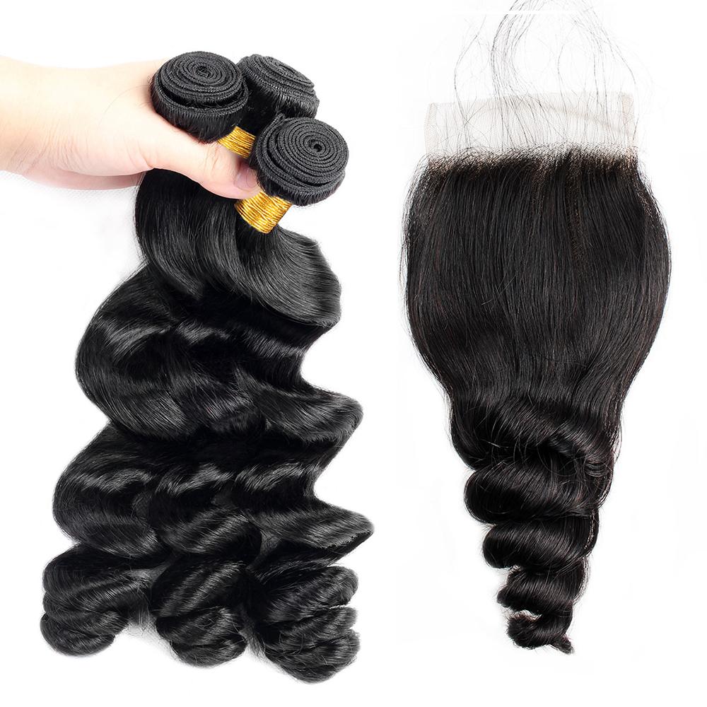 Brazilian Virgin Hair Loose Wave Bundles Human Hair Loose Wave 3 Bundle with Closure Human Hair Extensions Natural Color