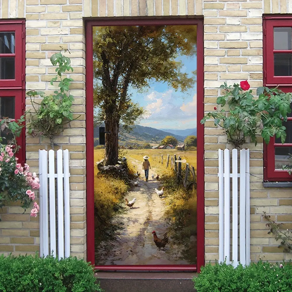 2pcs Pastoral Landscape Decorative Wall Stickers Country Road Boy and Chickens Scenery Stickers Living Room Bedroom Entrance Wall Decoration Self Adhesive Removable Wall Stickers Home Decor Stickers