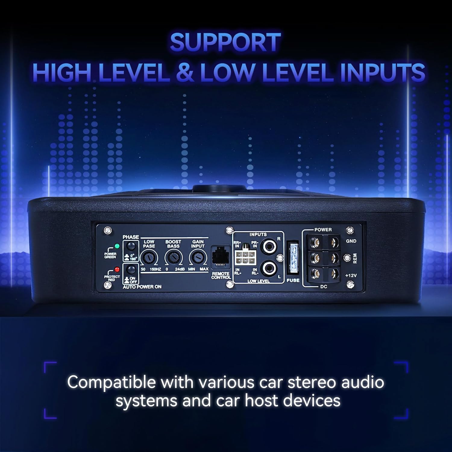 ANDEMAN  Car Subwoofer amplifier, Ultra-thin10" Large-caliber subwoofer with Blue LED Ambient Light, 800W Stereo Surround Sound built-in amplifier, High/Low Level Input for Car/Truck