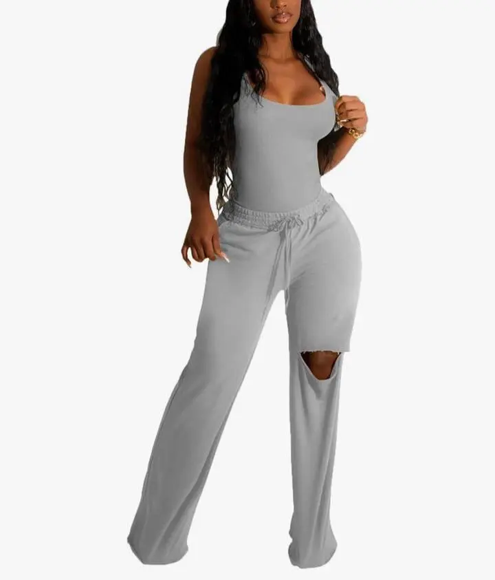 Slay & Sway 2 Piece Set - Fitted Tank Top & High-Waisted Pants with Side Slits Soft Stretchy Women's Outfit