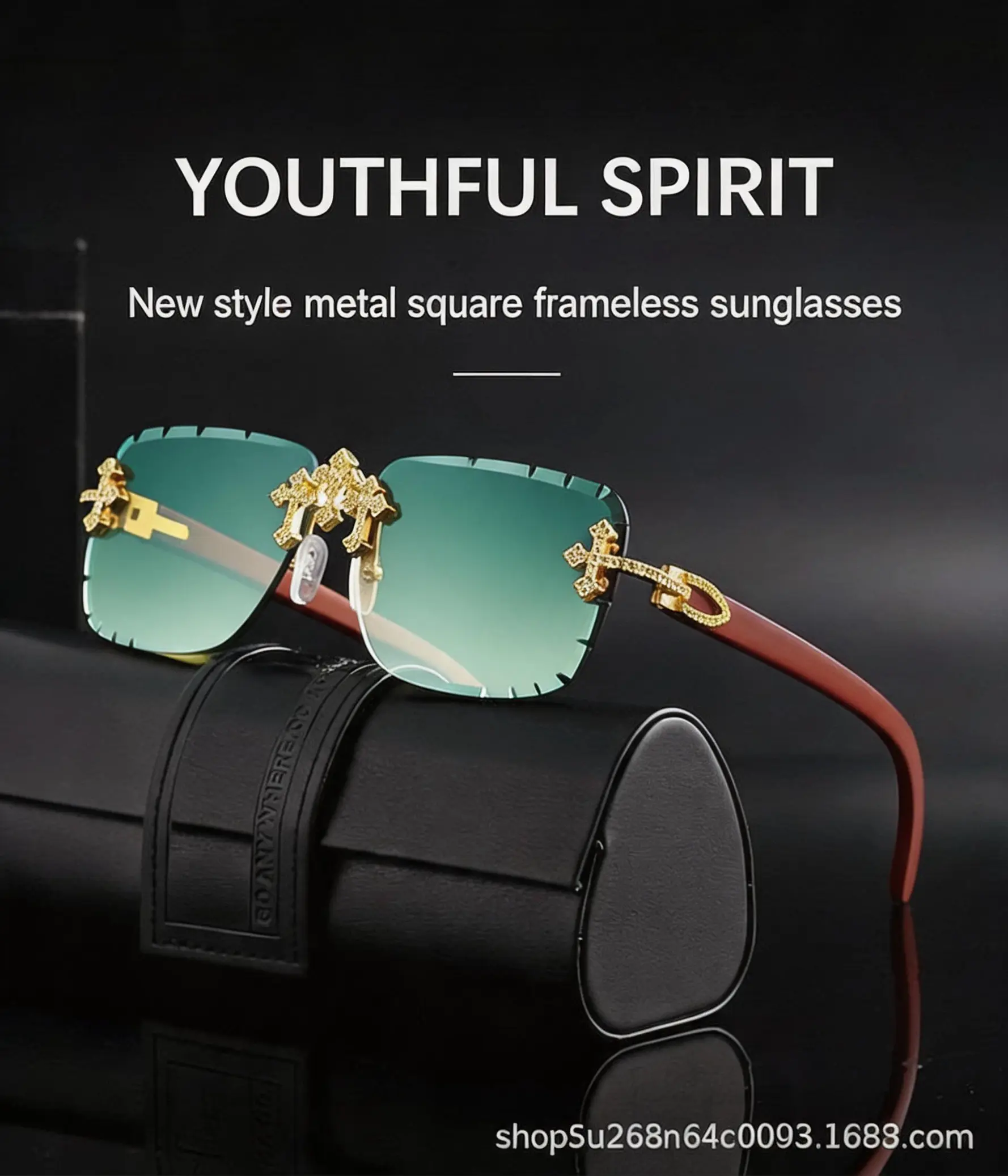 Unisex Rimless Square Frameless Glasses - Green Gradient Lenses, Gold Cross Diamond Decor, Wood Print Temples, Polycarbonate UV400 Shield, Ideal for Beach Driving (Great for Birthday, Anniversary Gifts)