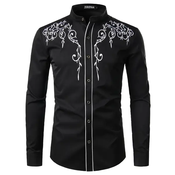 ZEROYAA Men's Western Cowboy Embroidered Slim-Fit Long-Sleeve Band Collar Dress Shirt - Soft, Breathable Polyester Blend Fabric, Business Casual Tops, Floral Accents, Cowboy Shirts, Button, Cold Wash