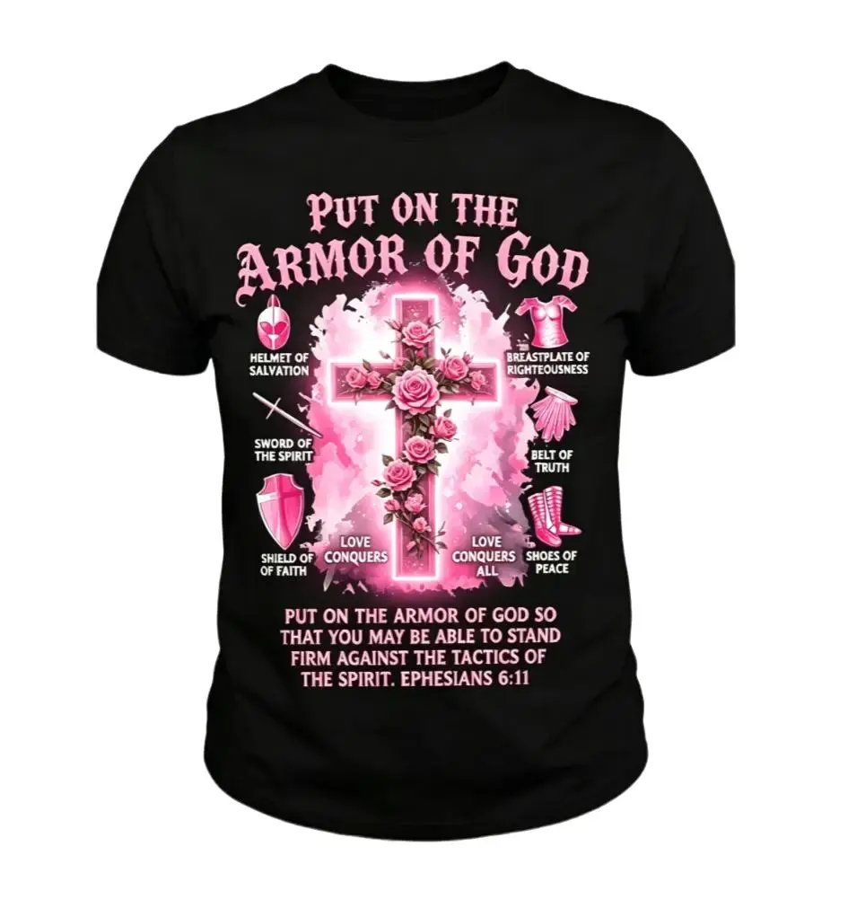 Women's Christian Short-Sleeve Vintage Round Neck Cotton T-Shirt - Soft Gothic Top with Armor of God Rose Cross Print, Faith-Based 1-Piece Streetwear, Shortsleeve, Tshirt, Fitted,clothes for back to school,first day of school outfits