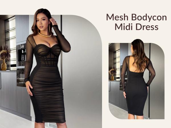 Curvysweet SDK0595A Elegant Ruched Mesh Bodycon Christmas Holiday Party Dress, Built In Bra, Long Sleeve Backless Sweetheart Midi Gown For Cocktail, Wedding Guest, Evening & Formal Events