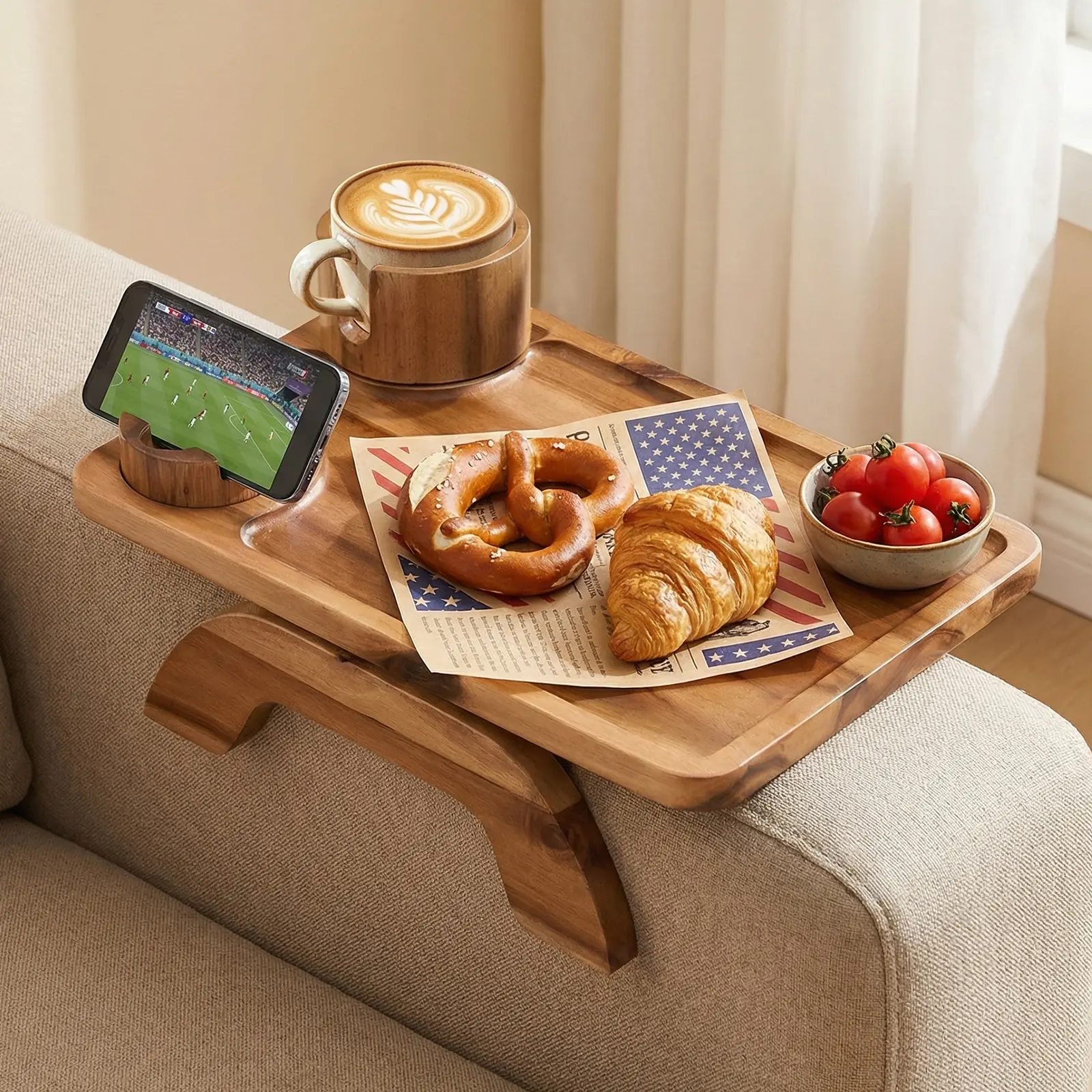 Sweetcrispy 3-in-1 Clip-On Acacia Wood Armrest Table, Sofa Tray with Cup Holder, 360° Rotatable Phone Holder, Space-Saving for Snacking & TV Watching, Acacia Wood Table