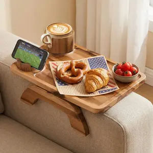 Wooden Sofa Armrest Tray,3-in-1 Clip-On Tray With Cup Holder & 360°Rotated Phone Holder,Space Saving Tray For Sofa Snacking And TV Watching