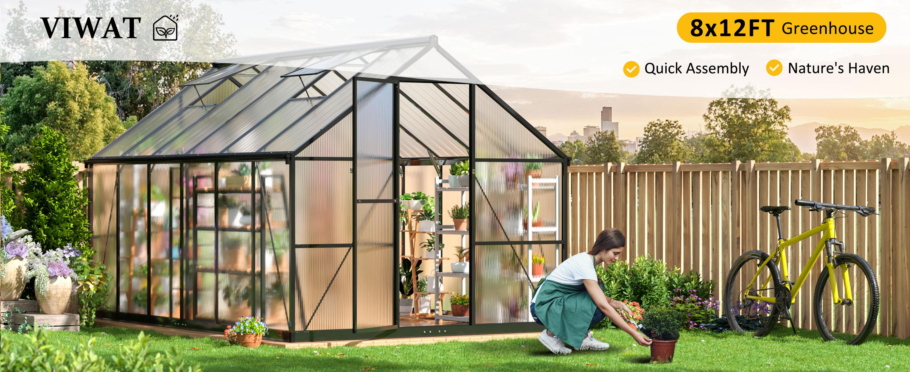 Outdoor Greenhouse, Polycarbonate Greenhouse Featuring a Quick Assembly Structure and Roof Ventilation, Aluminum Walk-In Greenhouse for Garden Backyard Use