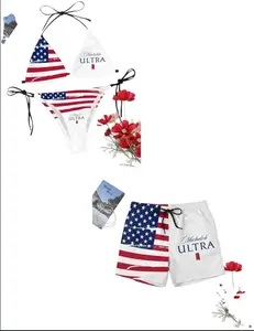2500th Birthday USA Flag Matching Couple Swimsuits – Women Triangle Bikini Set & Men Swim Trunks Patriotic