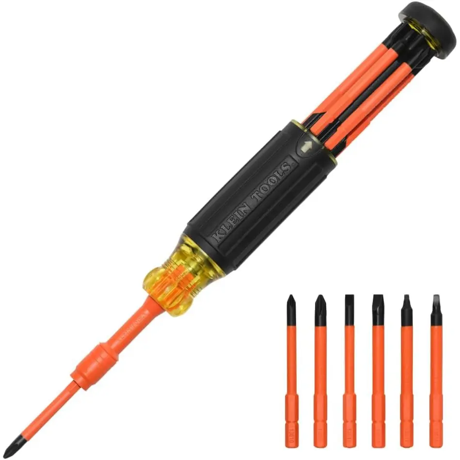 Klein Tools 32306INS 6-in-1 Insulated Multi-Bit Screwdriver, Multi-Bit Driver with Auto-Locking Collar, 1000V Rated, In-Handle Bit Storage