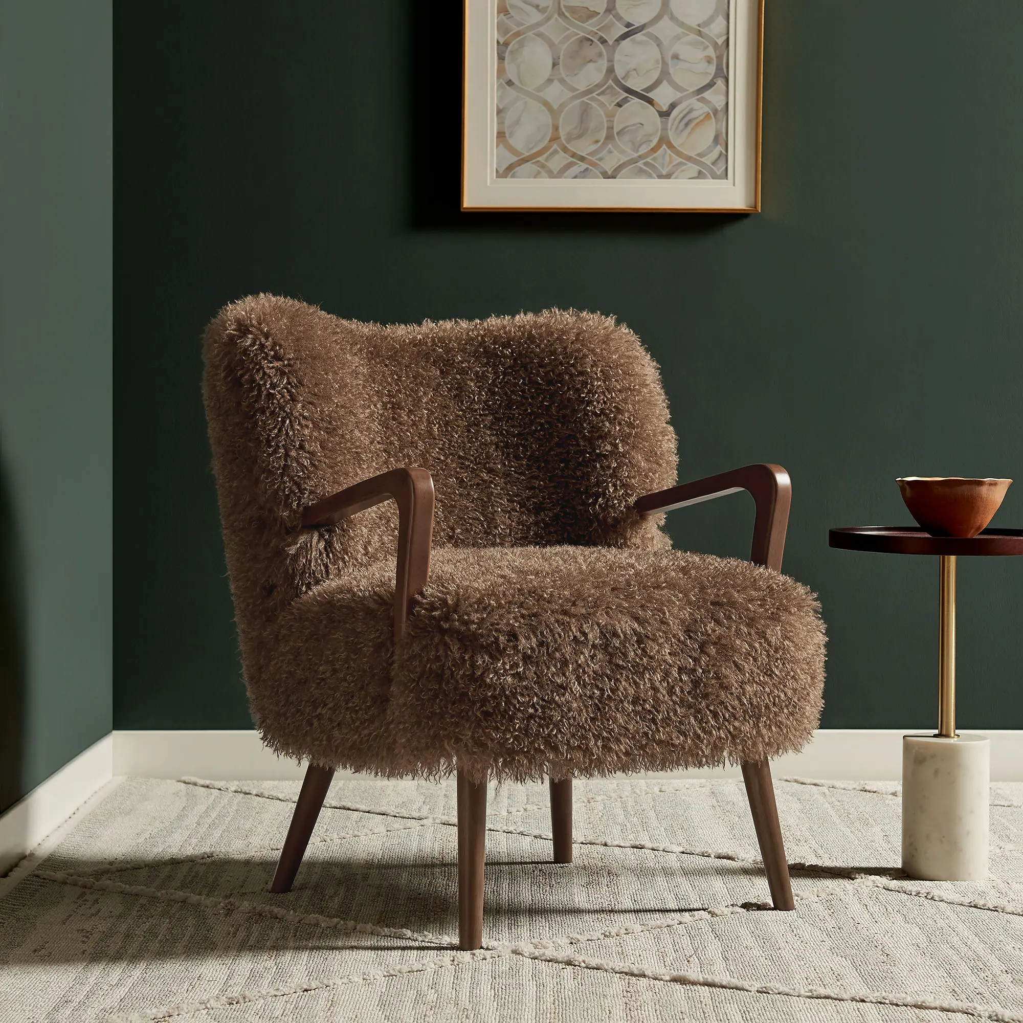 Modway Zerra Brown Faux Shearling Modern Armchair, Curved Furry Indoor Furniture Accent Chair, Curved Chair