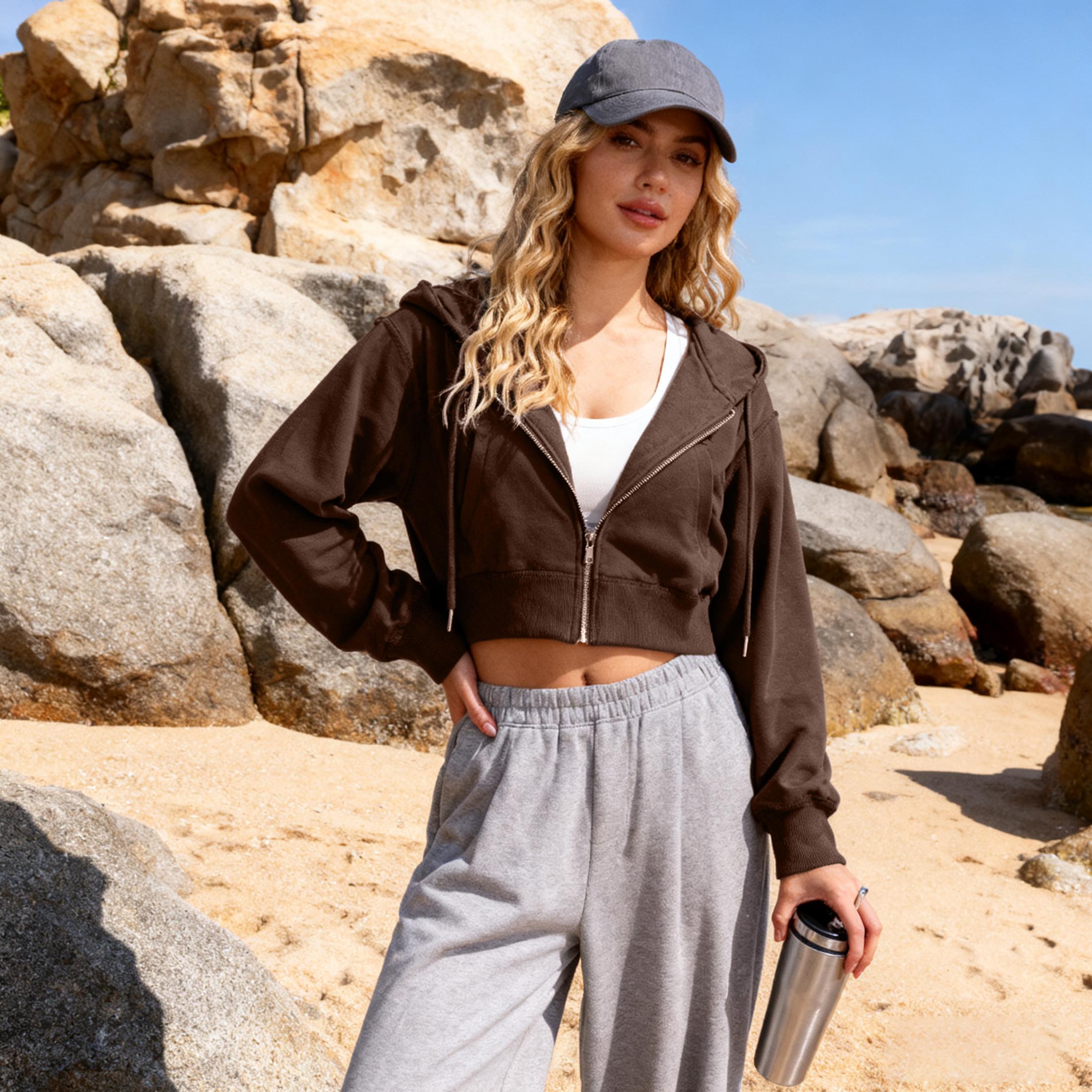 Buenoble Women’s Cropped Zip Up Hoodie Long Sleeve Sweatshirt with Contrast Stitch Casual Loose Fit Jacket