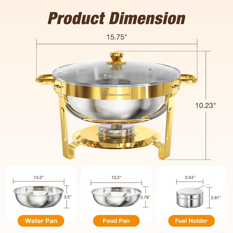WARMOUNTS 5QT Gold Chafing Dish Buffet Set, Upgrade Gold Accent Stainless Steel Chafers and Buffet Warmers Sets with Glass Lid & Lid Holder for Parties Catering Events Weddings Banquets,Parties