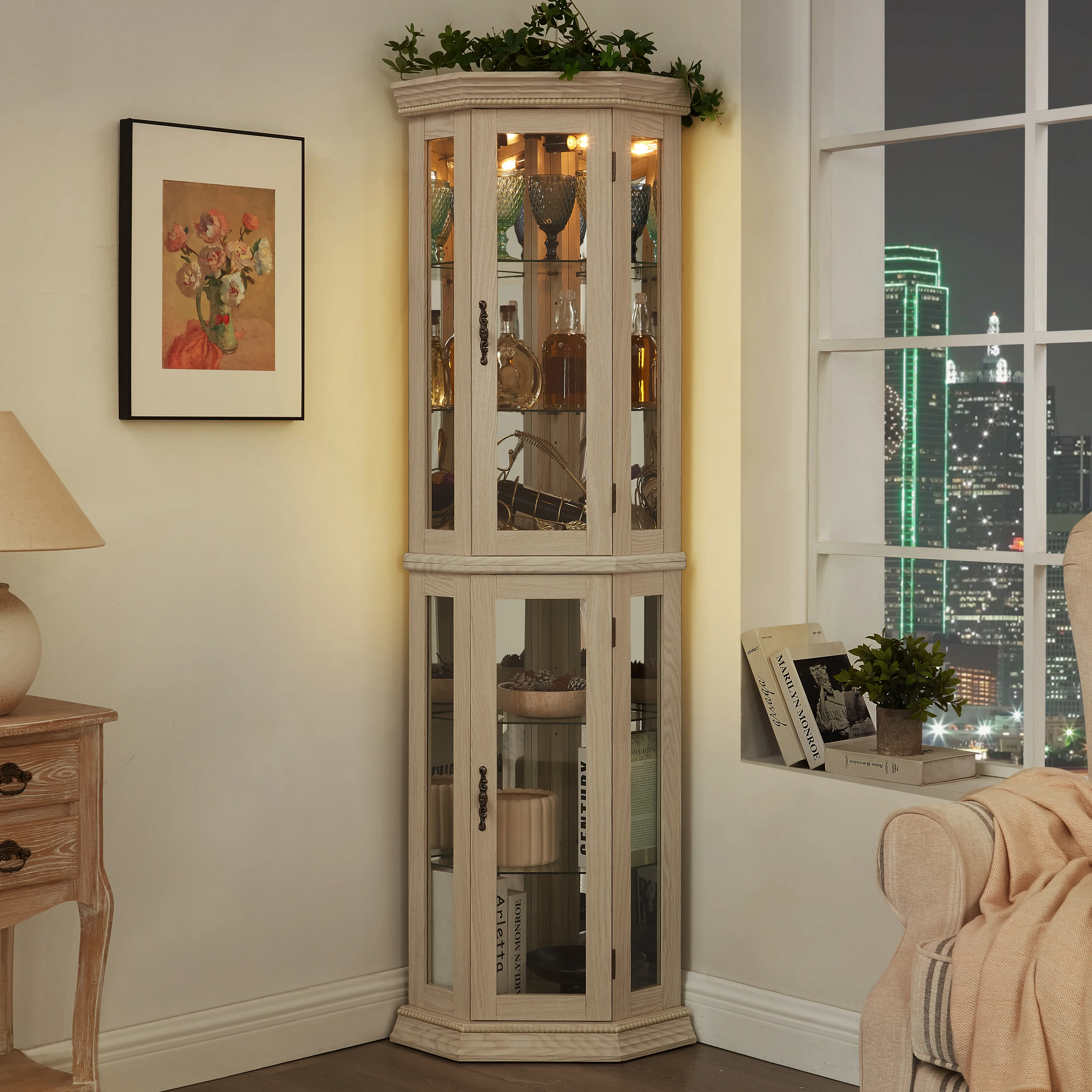 Lighted Corner Curio Cabinet - Glass Display Shelf with Tempered Glass Doors, Adjustable Shelving, and Included Bead Bulb - Ideal Bar Cabinet for Home Decor