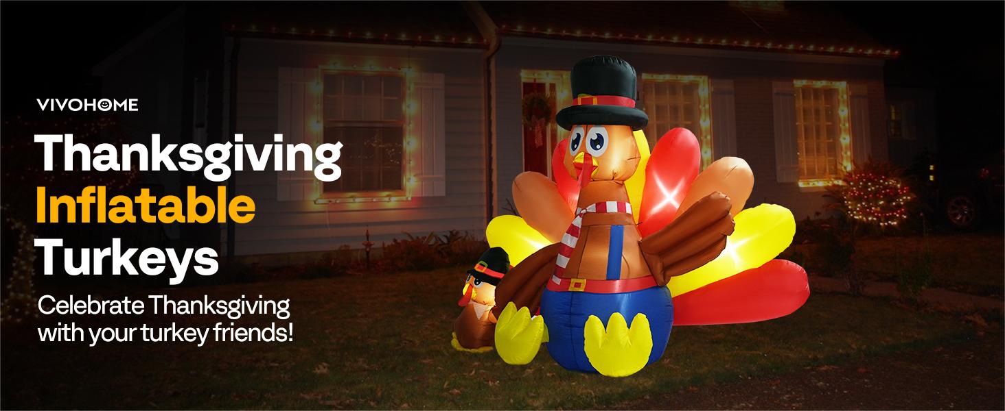 VIVOHOME Thanksgiving Inflatable Decoration LED Lighted Turkey Family Self-Inflating Easy Setup for Outdoor Lawn Garden Yard Patio Holiday Party Ornaments