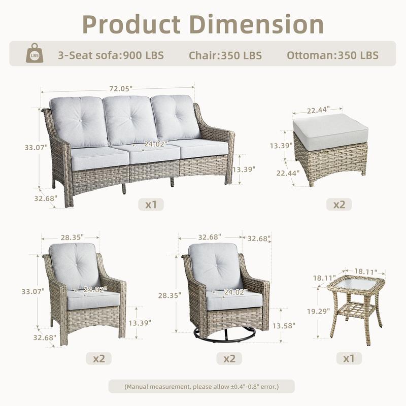 Outdoor Wicker Patio Furniture Set 8-PCS with A 3-Seat Sofa, 2 Swivel Rocking Chairs, 2 Armchairs, 2 Ottomans and 1 Side Table Patio Conversation Set for Comfortable Outdoor Space