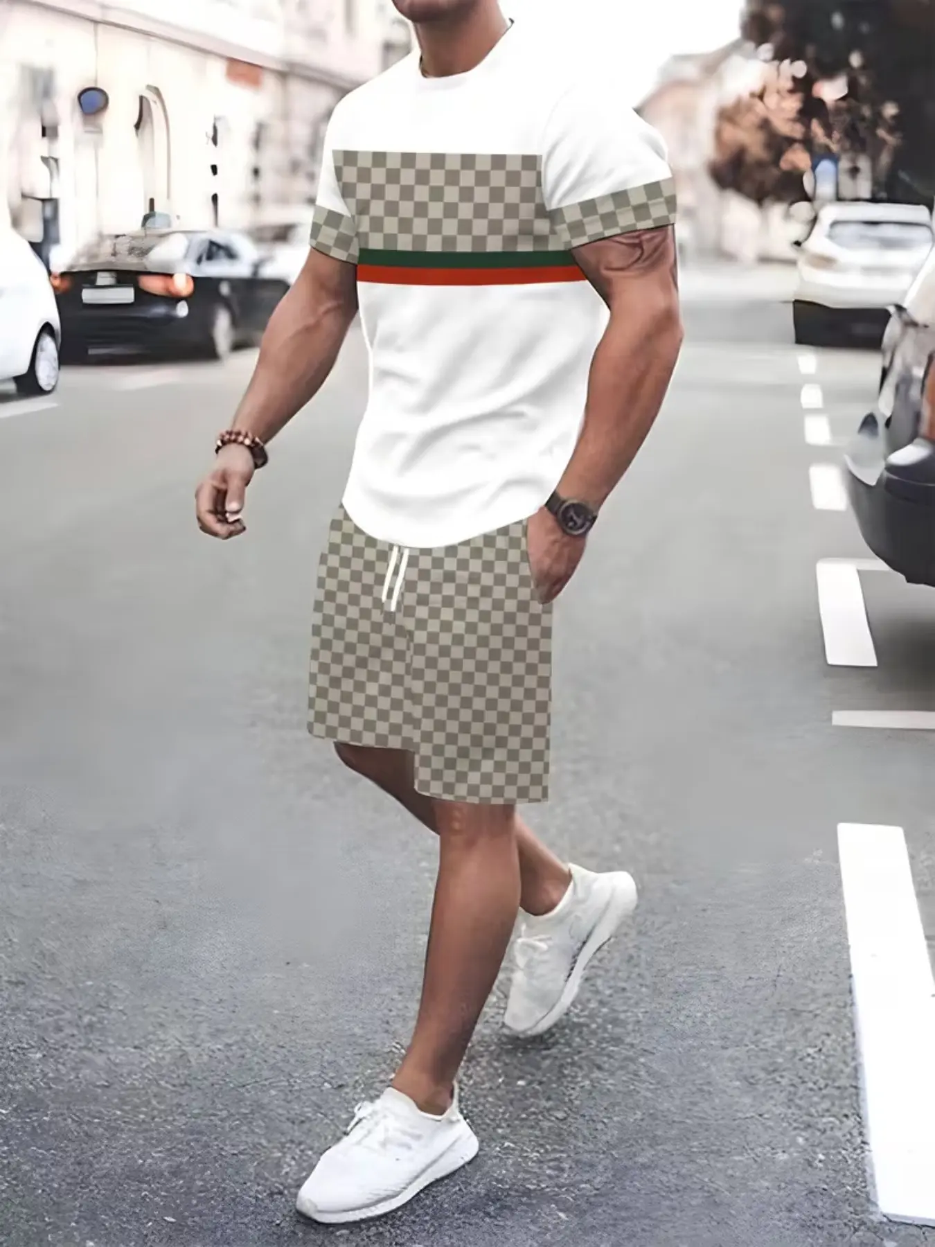 Men's Colorblock Plaid Print Two-Piece Set, Menswear Round Neck Short Sleeve T-Shirt & Drawstring Waist Shorts, Casual Stylish Summer Streetwear Outfit