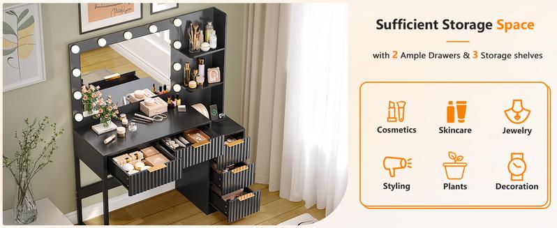VINGLI Fluted Makeup Vanity Desk with Mirror & Lights & Power Outlet, Small Vanity Table w/ 5 Drawers & 2 Storage Shelves, Modern Dressing Table Set Charging Station for Bedroom