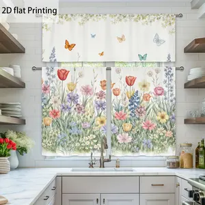 2D Flat Floral Butterfly Theme Curtains |   Spring Kitchen Decor with Watercolor Flowers and Mini Butterflies, Soft Pastel Feeling, Multi-Size Available, Uncorded, Semi-Sheer, Polyester, Modern Style