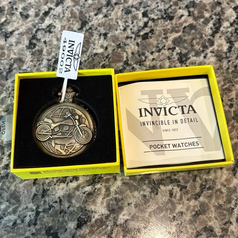 Invicta Vintage Motorcycle Pocket Watch with Detailed Design and Bronze Finish for Enthusiasts