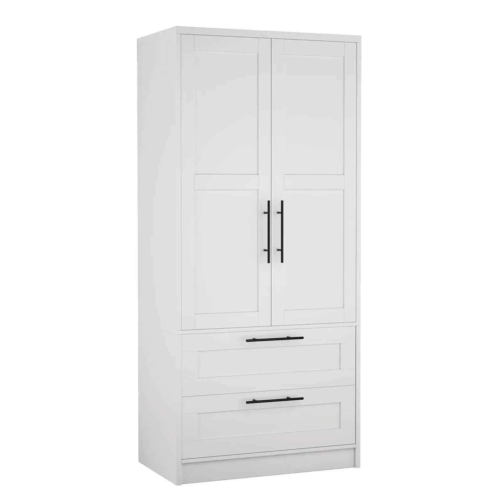 Wooden Wardrobe with 2 Drawers, Freestanding Clothes Cabinet with Door and Shelves, Wooden Wardrobes for Bedroom, Laundry Room, Closet, White