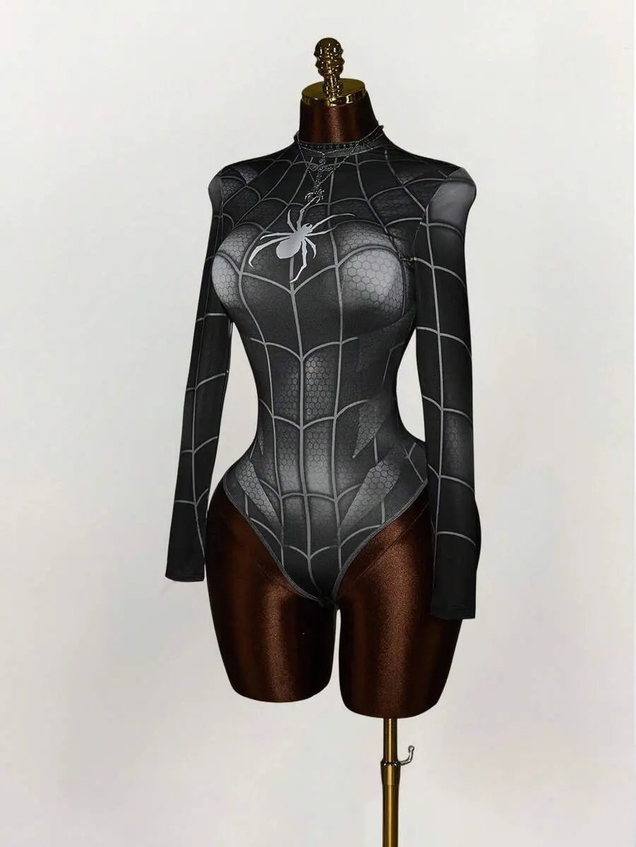 Women's Spider Print Long Sleeve Stand Collar Bodysuit, Y2K Gothic-Inspired Halloween Spiderweb Outfit Top