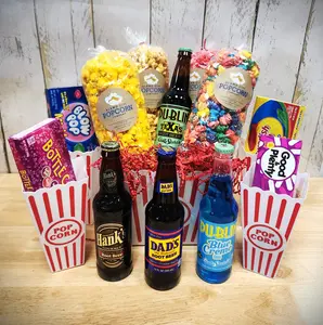 Family Movie Night Bundle - Includes 4 Bags of Gourmet Popcorn, 4 Sodas, 4 Boxed Candies, Set of Popcorn Tubs.   Price includes shipping to any front door in the continental U.S.