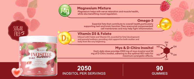 Migcopat Inositol Multivitamin Gummies 18-in-1 Formula with Myo-Inositol & D-Chiral Inositol 40:1 Ratio Omega-3,Magnesium,Folate Raspberry Flavor Sugar-Free 90 Count Healthcare Dietary Supplement - Edible Fitness