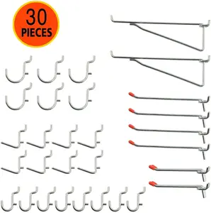WELLMAX 30pc Heavy Duty Steel Pegboard Hooks Set - Assorted Size Rust-Proof Curved Hooks, Home Organizer Accessories for Tools, Crafts, Fits 1/4" Holes
