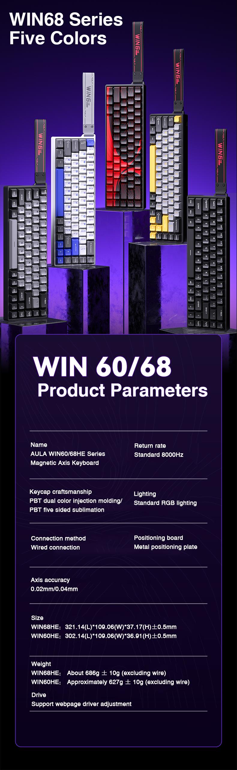 Aula WIN68 HE Magnetic Switch 65% Compact Wired Gaming Keyboard, Gradient Pink, 8000Hz Polling Rate, Rapid Trigger Hall Effect, RGB Backlit Mechanical Keyboard for Esports Gamers