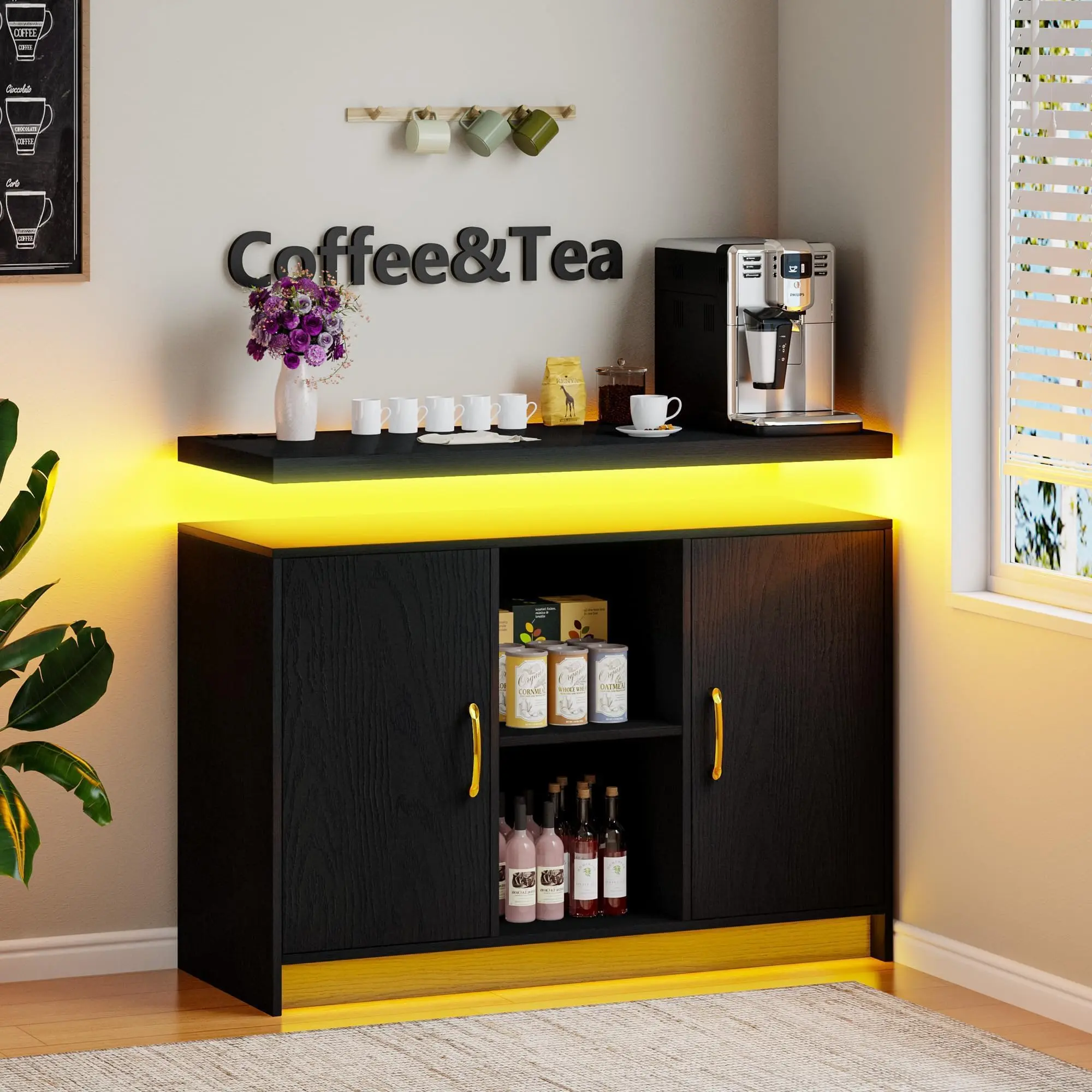 [SummerWins] HOMBCK Coffee Bar Cabinet with Led Lights, Buffet Cabinet with Floating Countertop, Modern Sideboard Buffet Cabinet with Charging Station for Living Room, Kitchen summer garden,fathers day gift ideas#home essentials#back to school