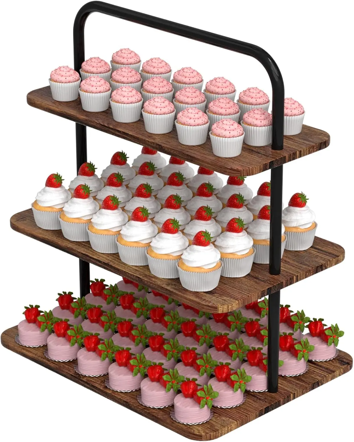 3-Tier Wood & Metal Cupcake Stand for 52 Cupcakes, Rustic Dessert Tower & Serving Tray for Birthday, Wedding & Christmas Party Decor, Brown