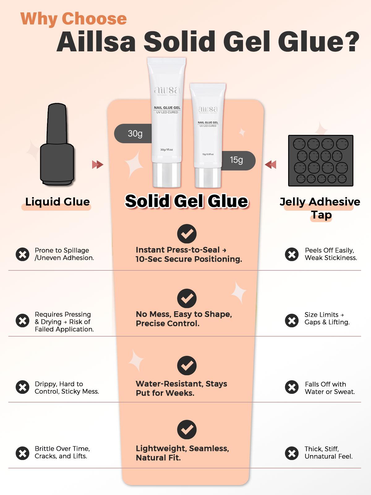 Aillsa Glamhold Solid Nail Glue Set, Handheld UV Lamp for Press On Nails, Clear Nail Tips and gel x nail glue Long-Lasting Strong Adhesion Solid Gel DIY Fall Nail Art Home, UV Light Cured Needed