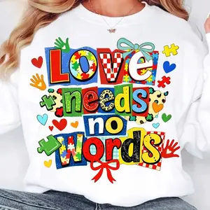 Love Needs No Words T-shirts Y2K Autism Bow,Puzzle  Neurodiversity Autism Cotton Casual  Streetwear Soft Tshirt