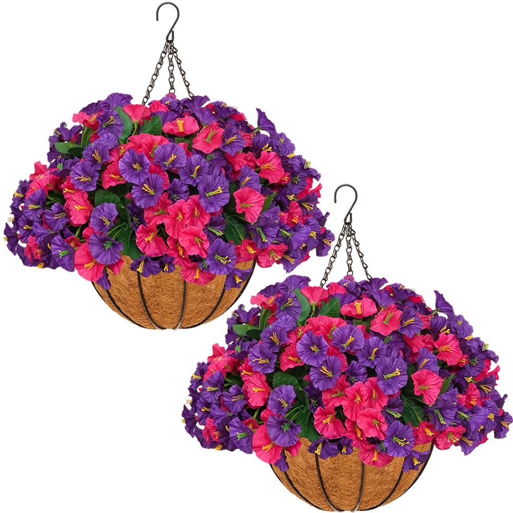 2 Pcs Artificial hanging plant and flower basket, perfect for spring and summer outdoor decoration.  Features realistic silk morning glory flowers, UV-resistant, and suitable for porches, patios, balconies, and gardens.