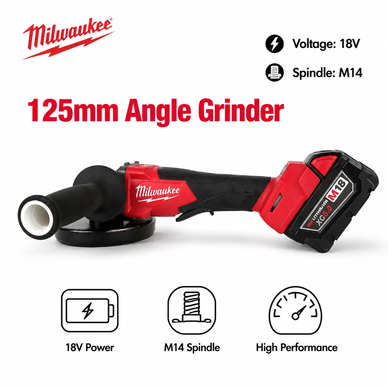 Milwaukee 125mm Cordless Angle Grinder 18V M14 Thread Grinding Cutting Tool For Automotive Repair Metalworking Construction Installation And Workshop Projects With High Speed Rotation Paddle Switch And Compact Portable Design use power tool charger