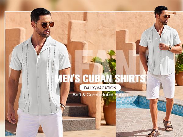 COOFANDY B Men's Cuban Guayabera Shirt Short Sleeve Button Down Shirts Casual Summer Beach Linen Shirts Menswear Soft