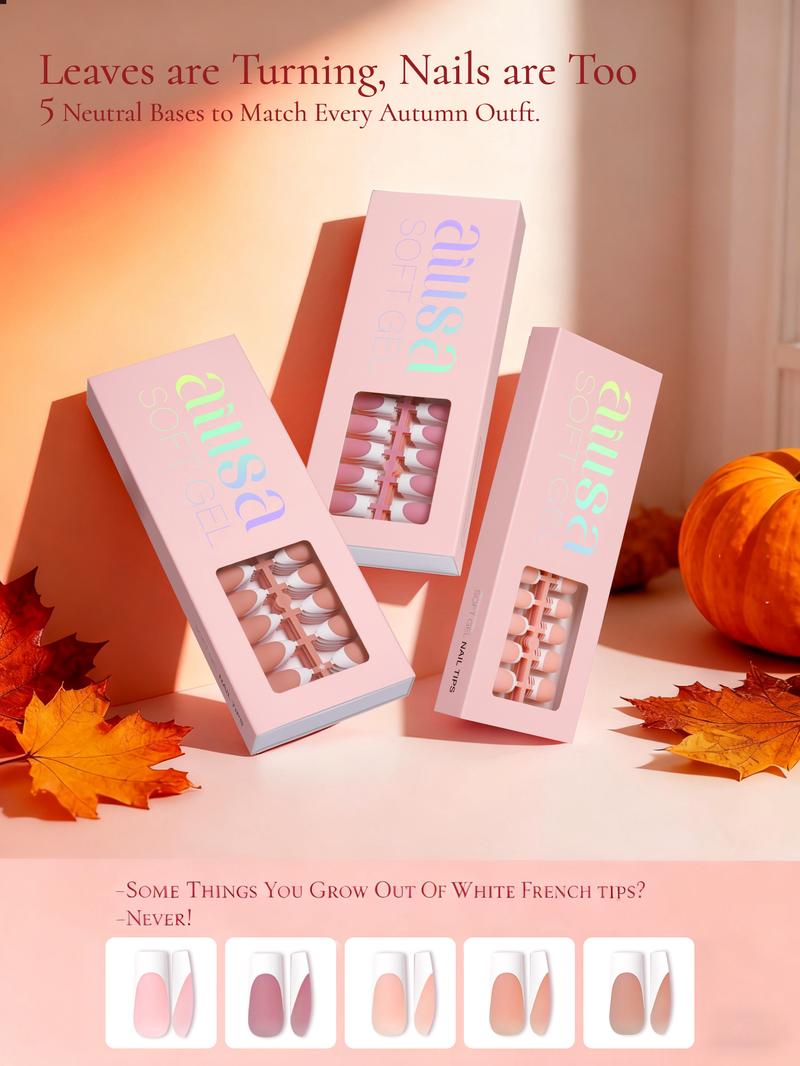 AILLSA Cozy French Press-On Kit with Chrome Powder, 5 Base Colors, 30g Hold Strong Solid Gel Glue, Square Natural-Fit gelx Tips, Gentle DIY Press-On Fake Nails Set for Fall Tiktokshopblackfriday