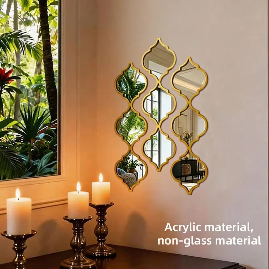 Moroccan Style Acrylic Decorative Hanging Wall Mirror Set (9/12 Pcs), Irregular Bohemian Art Decor, Ideal for Bathroom, Living Room Setting, Hallway, Ideal Gift