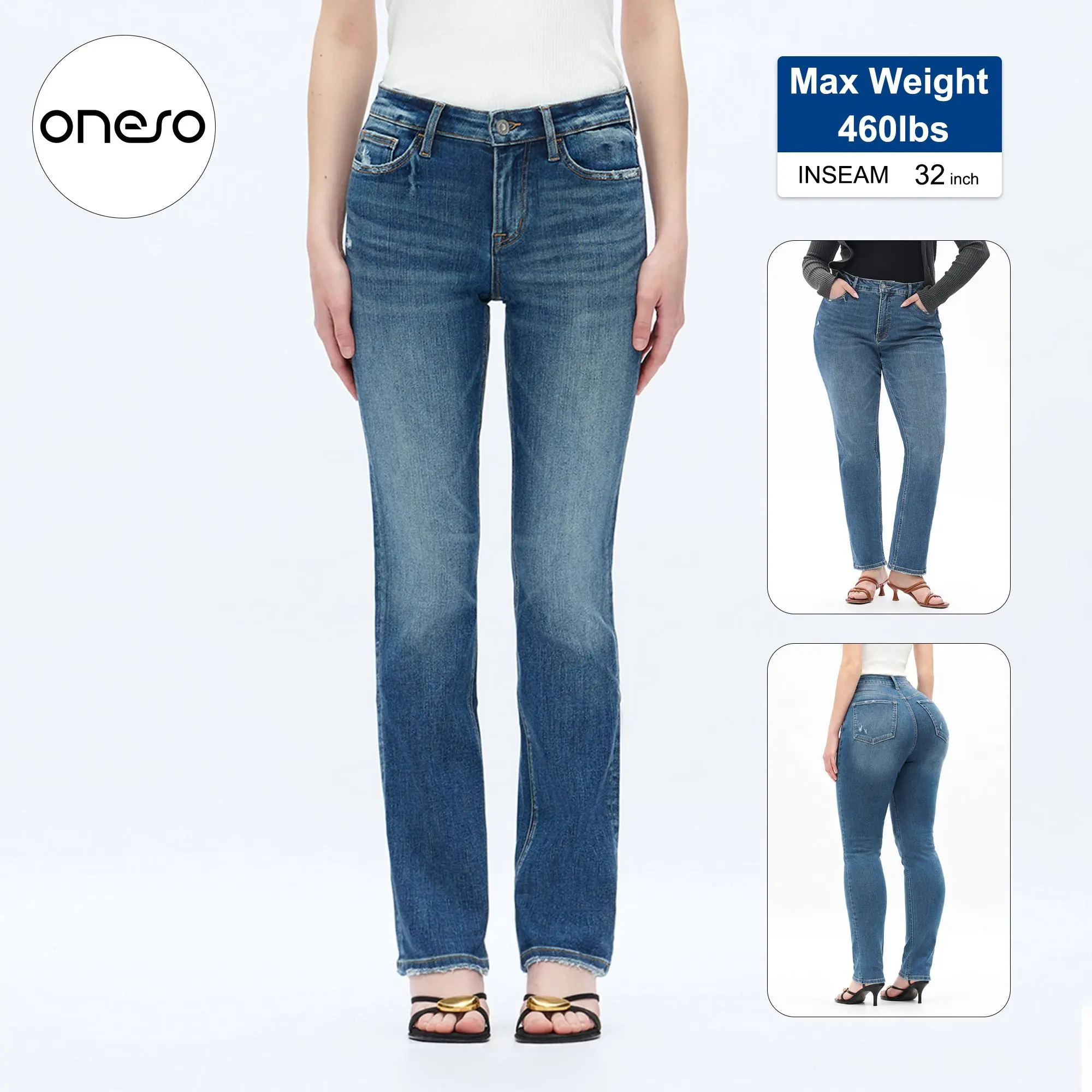 ONESO Tummy Control Straight Leg Jeans Slimming Denim for Pear Shaped Women Comfortable Curvy Fit BBL Effect Up To 24W Plus Size