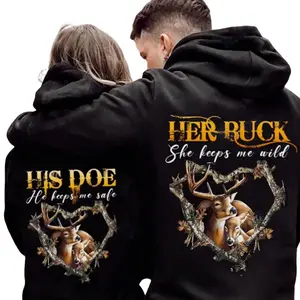 [Graphic Hoodie] Couple Matching Hoodies/T-Shirt - His Doe Her Buck Hoodie, Matching Deer Couple Sweatshirt, Hunting Love Pullover for Couples, Romantic Outdoor Hoodie Gift for Him and Her