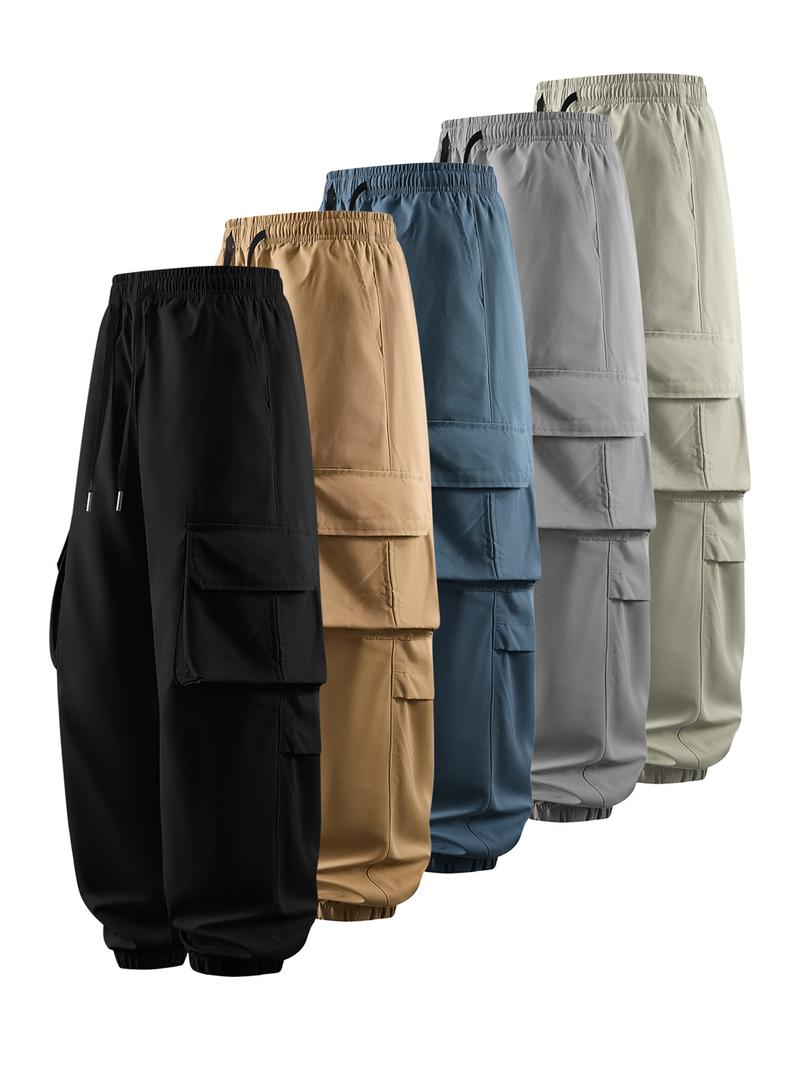 CCCMAI Men's Plain Drawstring Waist Cargo Pants, Casual Pocket Design Trousers for Daily Wear, Streetwear Men's Bottoms for All Seasons Menswear