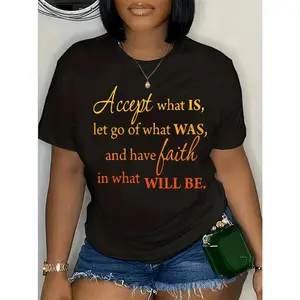 Women Large Size Gradient Letter Print Casual T Shirt Short Sleeve Round Neck Stretch Top Machine Washable Black